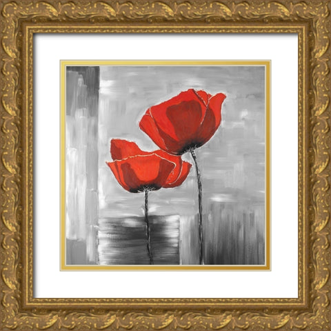 Two Red Flowers on a Grayscale Background Gold Ornate Wood Framed Art Print with Double Matting by Atelier B Art Studio