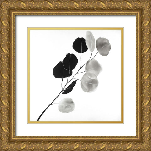 Grayscale Branch with Round Shape Leaves Gold Ornate Wood Framed Art Print with Double Matting by Atelier B Art Studio