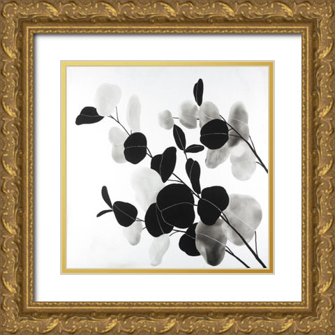 Grayscale Branches with Round Shape Leaves Gold Ornate Wood Framed Art Print with Double Matting by Atelier B Art Studio