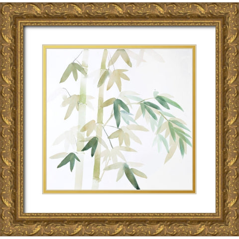 WATERCOLOR BAMBOO LEAVES AND BRANCHES Gold Ornate Wood Framed Art Print with Double Matting by Atelier B Art Studio