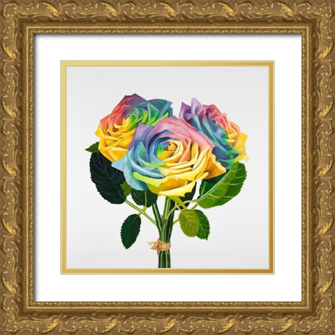 BOUQUET OF RAINBOW ROSES Gold Ornate Wood Framed Art Print with Double Matting by Atelier B Art Studio