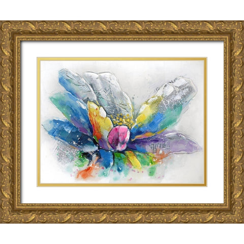 ABSTRACT FLOWER WITH NEWSPAPER Gold Ornate Wood Framed Art Print with Double Matting by Atelier B Art Studio