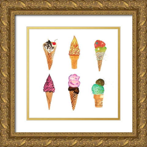 ICE CREAM CONES Gold Ornate Wood Framed Art Print with Double Matting by Atelier B Art Studio