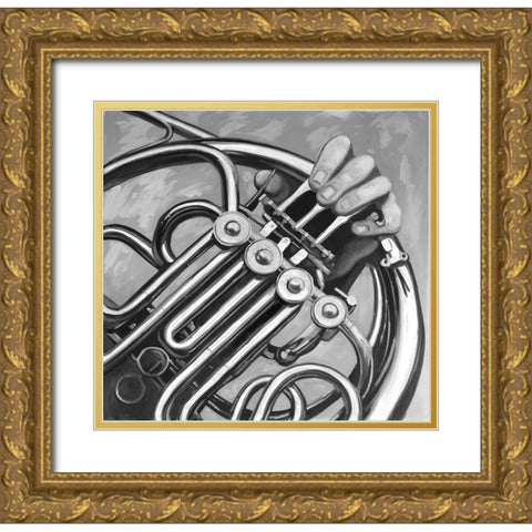 Musician with frech horn monochrome Gold Ornate Wood Framed Art Print with Double Matting by Atelier B Art Studio