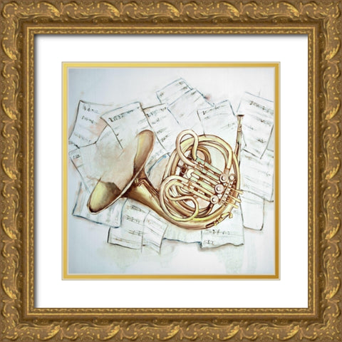 HORN ON MUSIC SHEET Gold Ornate Wood Framed Art Print with Double Matting by Atelier B Art Studio