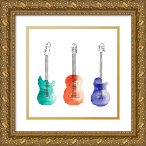 THREE GUITARS Gold Ornate Wood Framed Art Print with Double Matting by Atelier B Art Studio