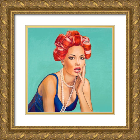 PIN UP GIRL WITH CURLERS Gold Ornate Wood Framed Art Print with Double Matting by Atelier B Art Studio