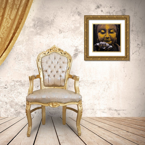 THE ETERNAL SMILE OF BUDDHA AND HIS LOTUS Gold Ornate Wood Framed Art Print with Double Matting by Atelier B Art Studio