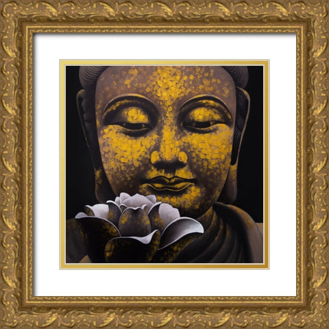 THE ETERNAL SMILE OF BUDDHA AND HIS LOTUS Gold Ornate Wood Framed Art Print with Double Matting by Atelier B Art Studio