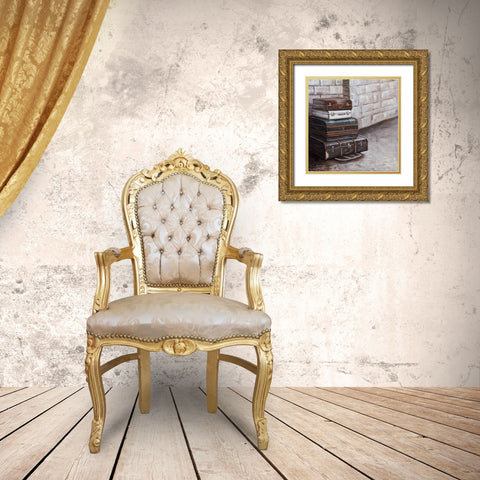 Four Old Traveling Suitcases Gold Ornate Wood Framed Art Print with Double Matting by Atelier B Art Studio