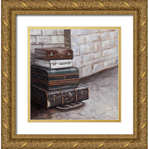 Four Old Traveling Suitcases Gold Ornate Wood Framed Art Print with Double Matting by Atelier B Art Studio