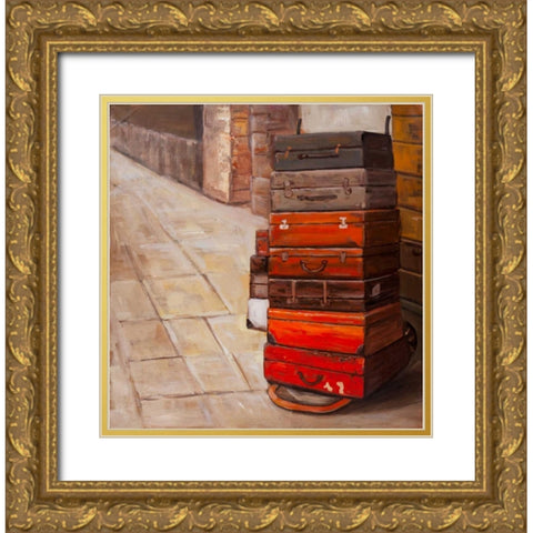 Old Traveling Suitcases Gold Ornate Wood Framed Art Print with Double Matting by Atelier B Art Studio