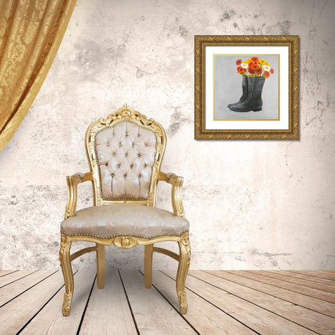 Boots with Daisy Flowers Gold Ornate Wood Framed Art Print with Double Matting by Atelier B Art Studio
