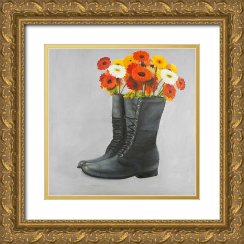 Boots with Daisy Flowers Gold Ornate Wood Framed Art Print with Double Matting by Atelier B Art Studio