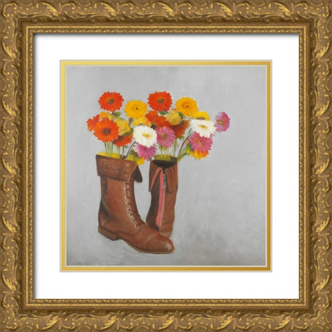 Leather Boots with Daisy Flowers Gold Ornate Wood Framed Art Print with Double Matting by Atelier B Art Studio