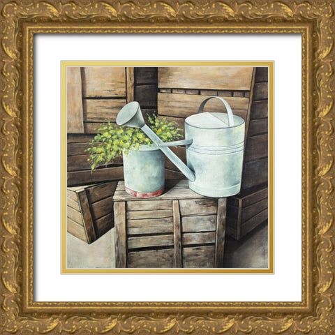 Vintage watering can Gold Ornate Wood Framed Art Print with Double Matting by Atelier B Art Studio