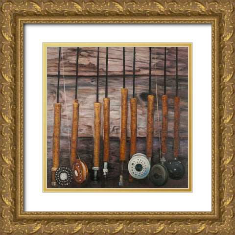 FISHING RODS ON WOOD Gold Ornate Wood Framed Art Print with Double Matting by Atelier B Art Studio