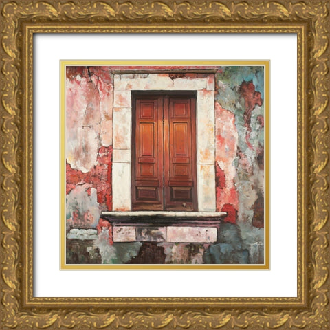 DOOR OF AN OLD RED BUILDING Gold Ornate Wood Framed Art Print with Double Matting by Atelier B Art Studio