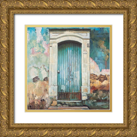 BLUE DOOR OF AN OLD BUILDING Gold Ornate Wood Framed Art Print with Double Matting by Atelier B Art Studio