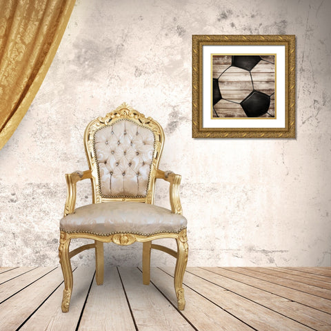 SOCCER BALL ON WOOD Gold Ornate Wood Framed Art Print with Double Matting by Atelier B Art Studio