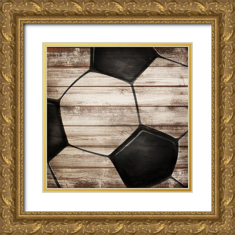 SOCCER BALL ON WOOD Gold Ornate Wood Framed Art Print with Double Matting by Atelier B Art Studio