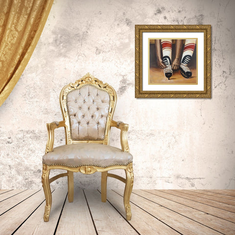 Hockey Player ties his Skates Gold Ornate Wood Framed Art Print with Double Matting by Atelier B Art Studio