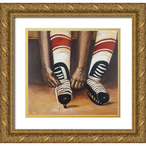 Hockey Player ties his Skates Gold Ornate Wood Framed Art Print with Double Matting by Atelier B Art Studio