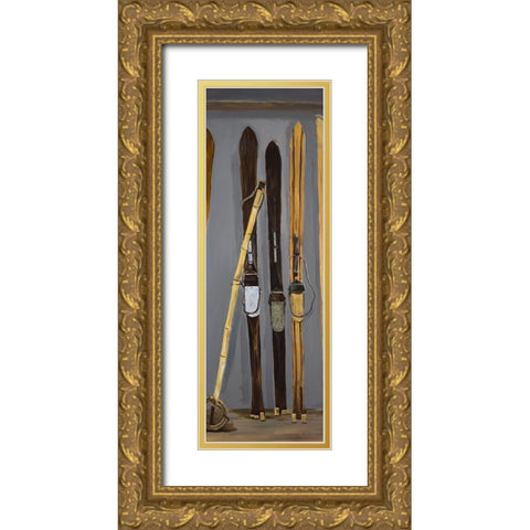 SKI POLES AND VINTAGE SKIS Gold Ornate Wood Framed Art Print with Double Matting by Atelier B Art Studio