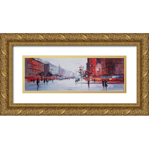 BLACK AND RED STREET SCENE Gold Ornate Wood Framed Art Print with Double Matting by Atelier B Art Studio