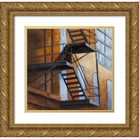 Apartment Building Escape in NYC Gold Ornate Wood Framed Art Print with Double Matting by Atelier B Art Studio