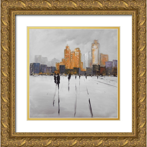SILHOUETTES WALKING TOWARDS THE CITY Gold Ornate Wood Framed Art Print with Double Matting by Atelier B Art Studio