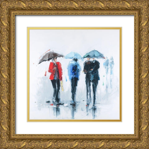 THREE PEOPLE AND THEIR UMBRELLA Gold Ornate Wood Framed Art Print with Double Matting by Atelier B Art Studio
