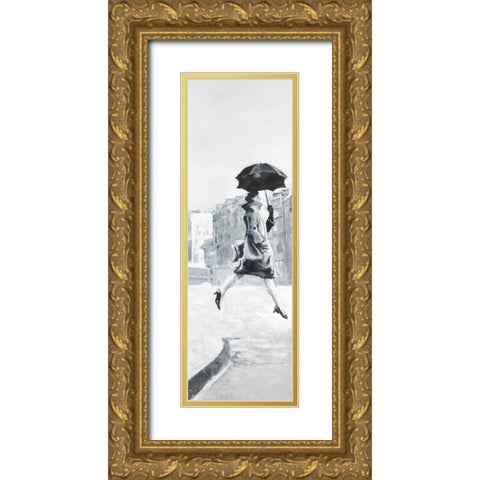 Woman in the Rain Gold Ornate Wood Framed Art Print with Double Matting by Atelier B Art Studio