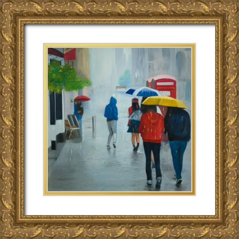 PEOPLE WALKING UNDER UMBRELLA BY A RAINY DAY Gold Ornate Wood Framed Art Print with Double Matting by Atelier B Art Studio