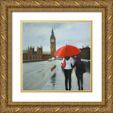 BRITISH UNDER UMBRELLA IN FRONT OF THE BIG BEN Gold Ornate Wood Framed Art Print with Double Matting by Atelier B Art Studio