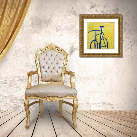 BLUE BIKE ON YELLOW BACKGROUND Gold Ornate Wood Framed Art Print with Double Matting by Atelier B Art Studio
