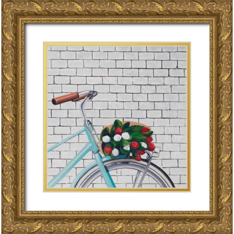 Bicycle with a Bouquet of Tulips Gold Ornate Wood Framed Art Print with Double Matting by Atelier B Art Studio