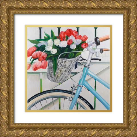 Bicycle with Tulips Flowers in Basket Gold Ornate Wood Framed Art Print with Double Matting by Atelier B Art Studio