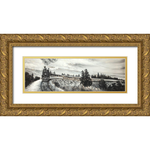 Steam Engine Train Gold Ornate Wood Framed Art Print with Double Matting by Atelier B Art Studio