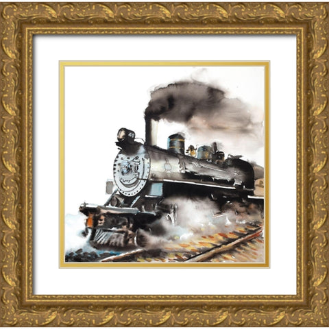 VINTAGE STEAM TRAIN Gold Ornate Wood Framed Art Print with Double Matting by Atelier B Art Studio
