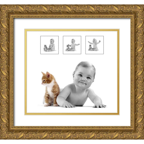 baby and kitten Gold Ornate Wood Framed Art Print with Double Matting by Hoenderkamp, Patrick
