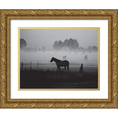 Grazing in the Mist Gold Ornate Wood Framed Art Print with Double Matting by Anonymous