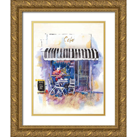 Cafe Terrace Gold Ornate Wood Framed Art Print with Double Matting by Anonymous