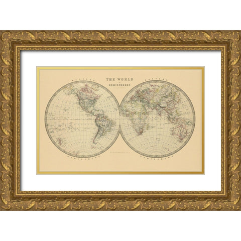The World in Hemispheres 1912 Gold Ornate Wood Framed Art Print with Double Matting by Johnston, A K.