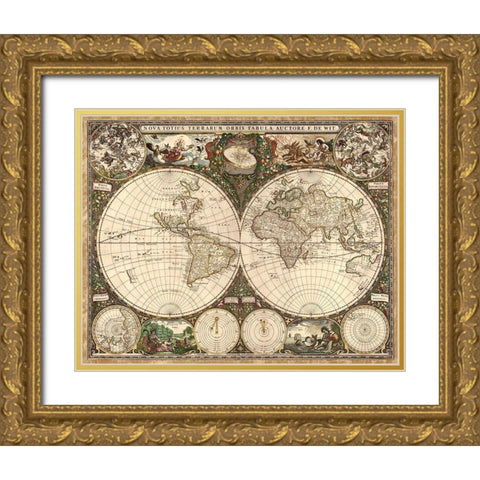Nova Totius Terrarium Orbis, 1660 Gold Ornate Wood Framed Art Print with Double Matting by Wit, Frederick de