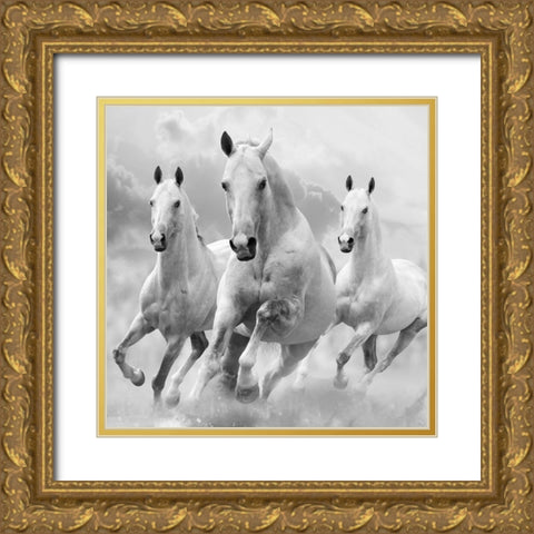 Three White Stallions Gold Ornate Wood Framed Art Print with Double Matting by Itina, Maria
