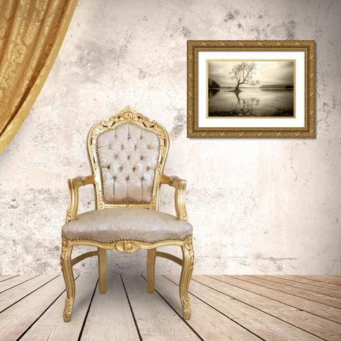 Lone Tree in a Lake Gold Ornate Wood Framed Art Print with Double Matting by Rushton, Ian