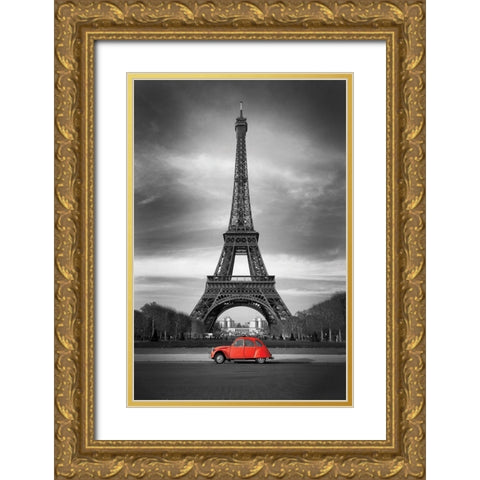 Retro Red and the Eiffel Tower Gold Ornate Wood Framed Art Print with Double Matting by Anonymous