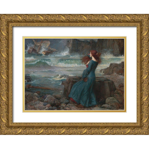 Miranda, The Tempest Gold Ornate Wood Framed Art Print with Double Matting by Waterhouse, J. W.