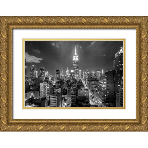 Empire State Building at Night Gold Ornate Wood Framed Art Print with Double Matting by Anon.